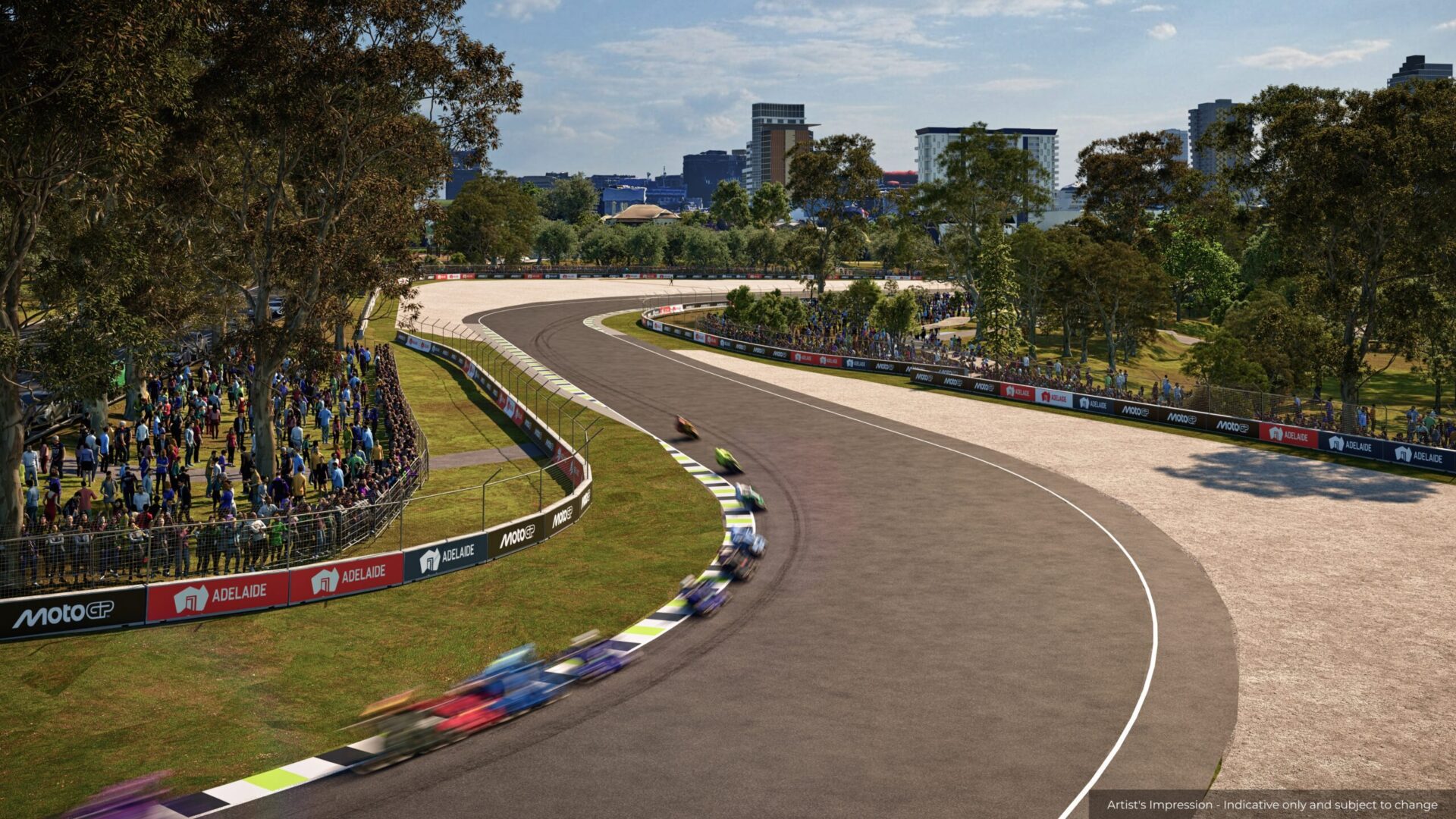 Motorcycle racers speed around a tree-lined track curve as crowds watch behind barriers, with city buildings in the distance.